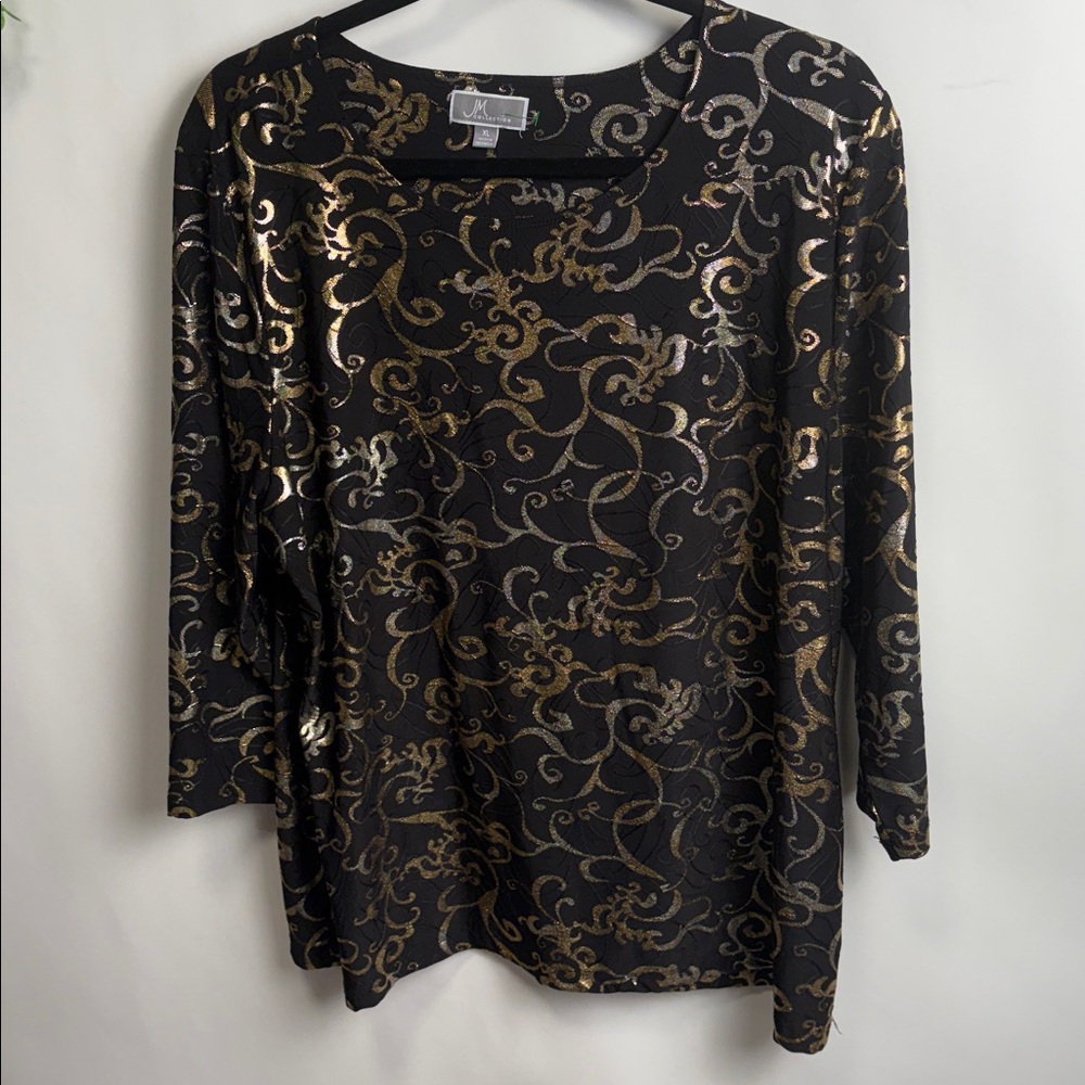 JM Collection Elegant Black and Gold Swirl Blouse